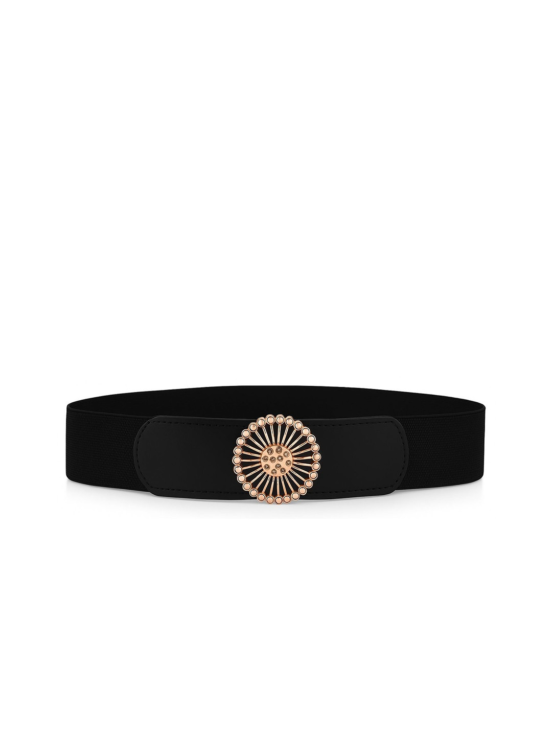 Niddleman Women Black Elastic Waist Belt with Golden Circular Sunburst Buckle