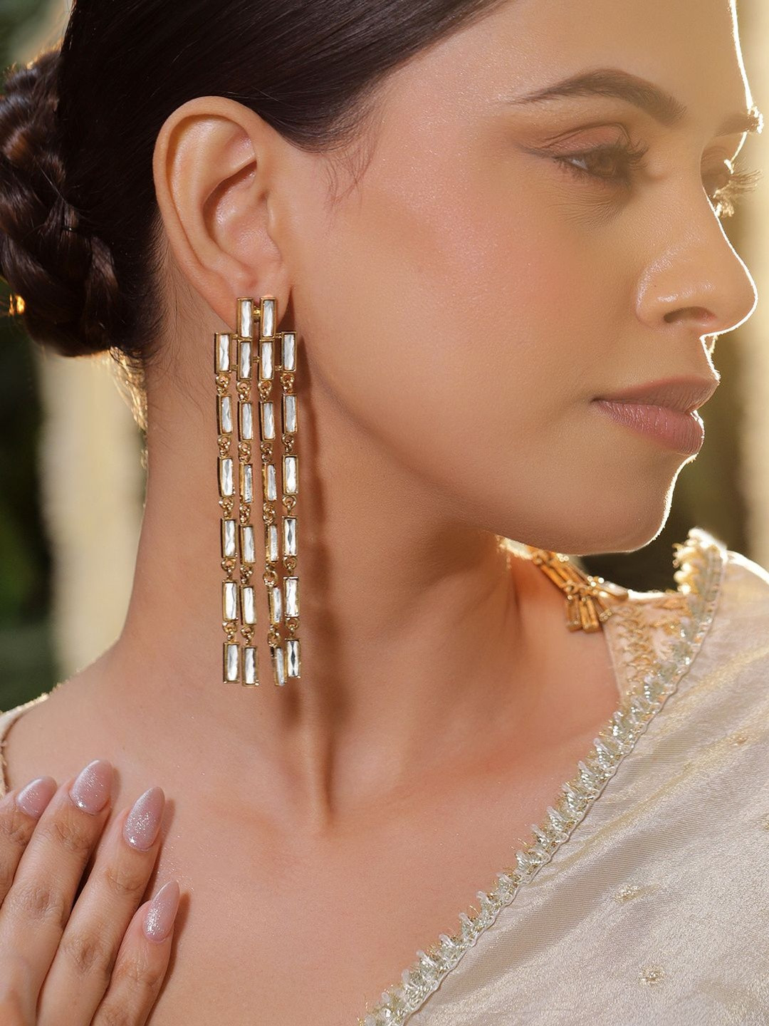 Rubans 22K Gold-Plated Crystals Studded Rectangular Shaped Drop Earrings