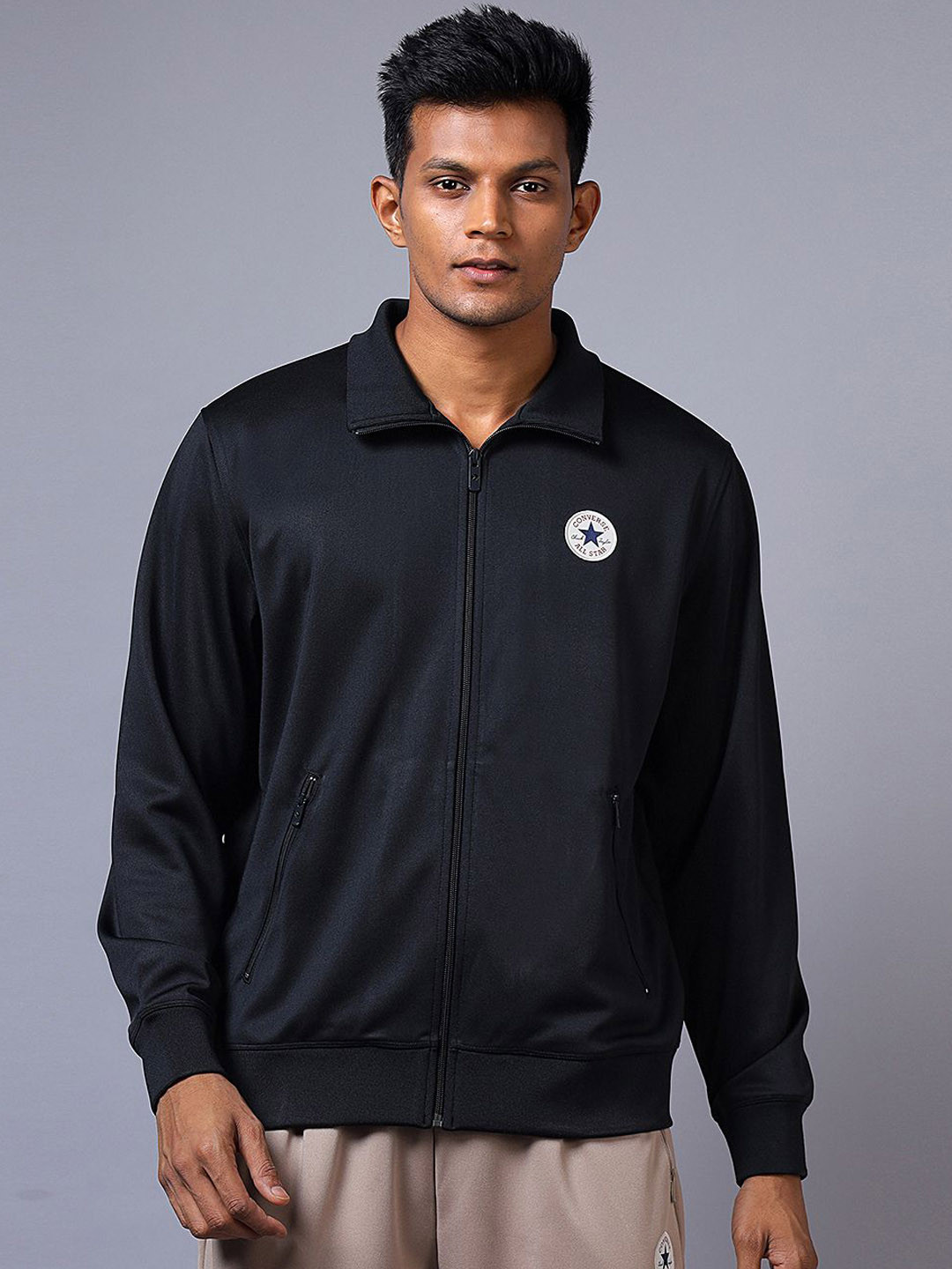 Converse Men Mock Collar Solid Windcheater Bomber Jacket