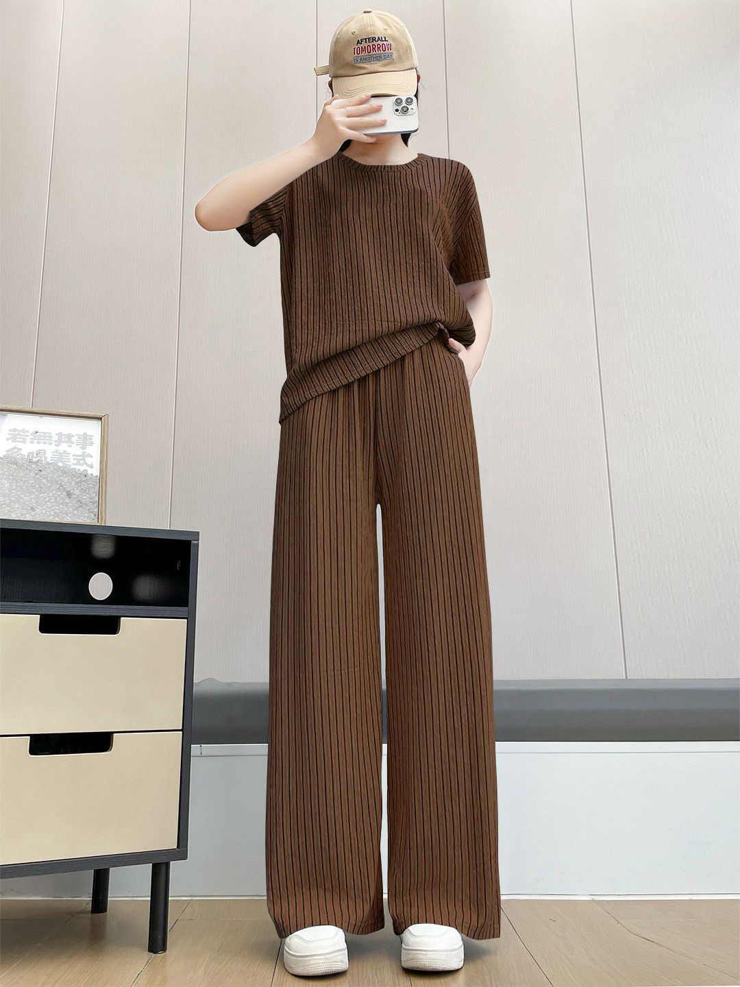 BAESD Striped Ribbed Round Neck T-Shirt With Wide-Leg Trousers