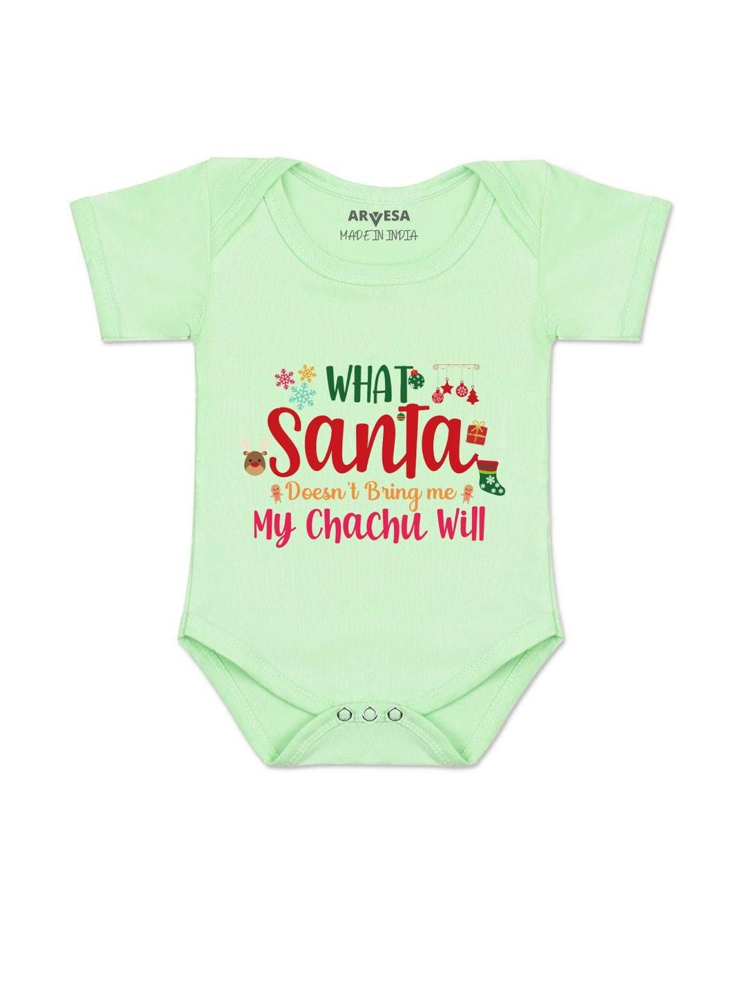 Arvesa Kids What Santa My Chachu Will Printed Green Cotton Rompers
