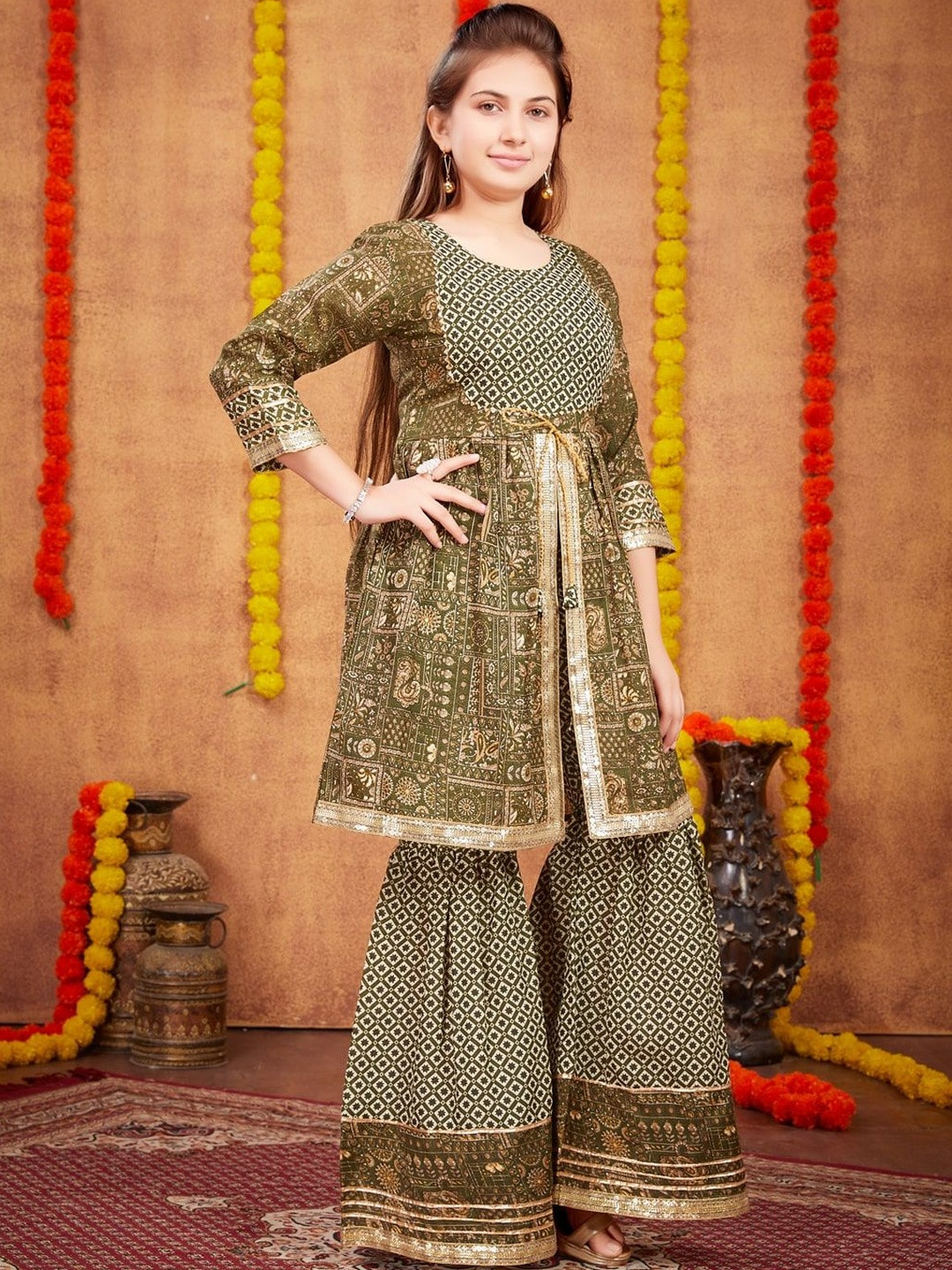 Muhuratam Girls Ethnic Wear Green Colour Floral Print With Gota Work Cotton Kurti Sharara Set