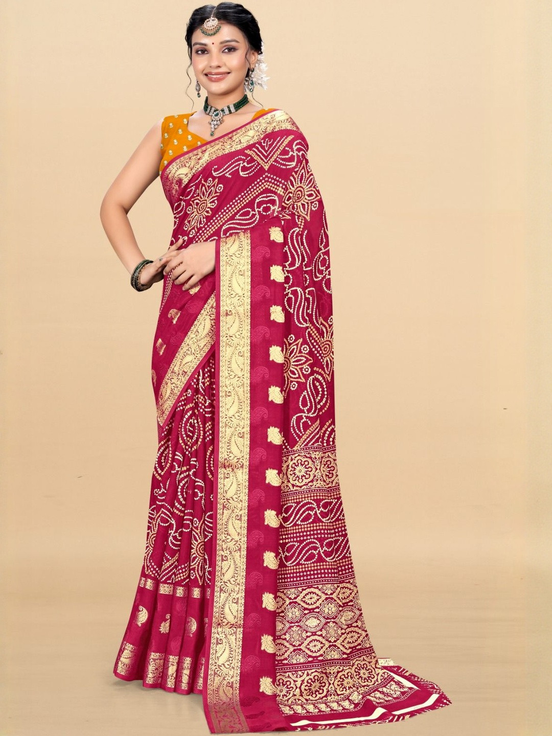 SHIVRUH Printed Zari Bandhani Silk Cotton Saree With Blouse Piece