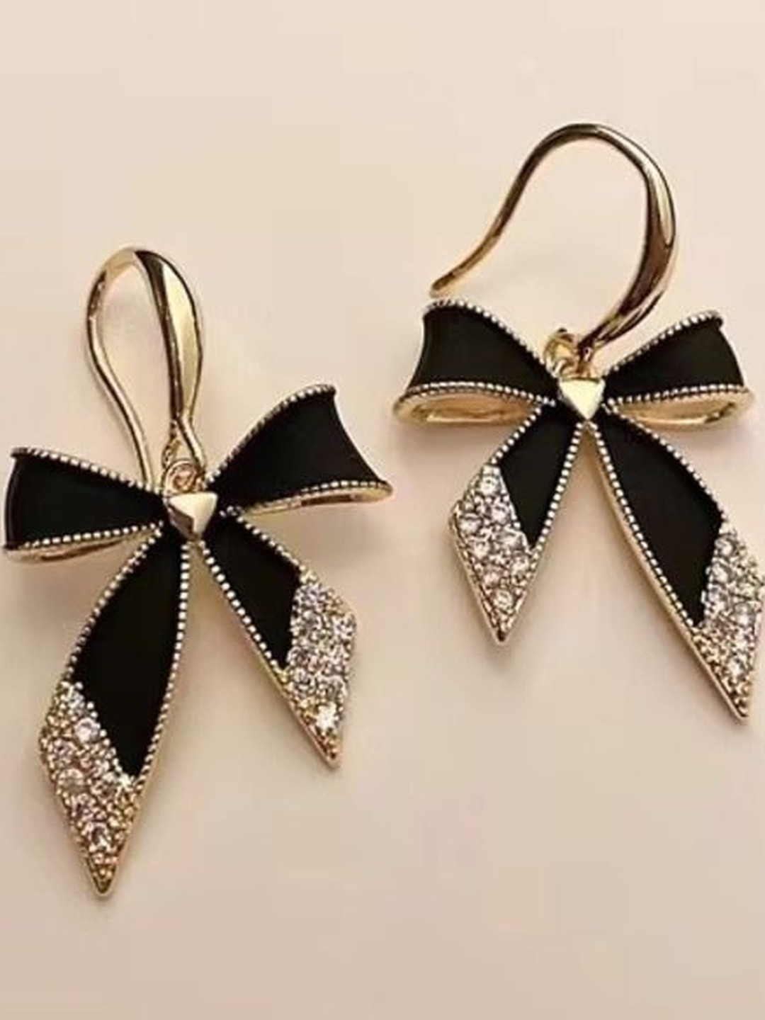 Tiso Gold Plated Cute Black Bow Stone Studded Drop Earrings