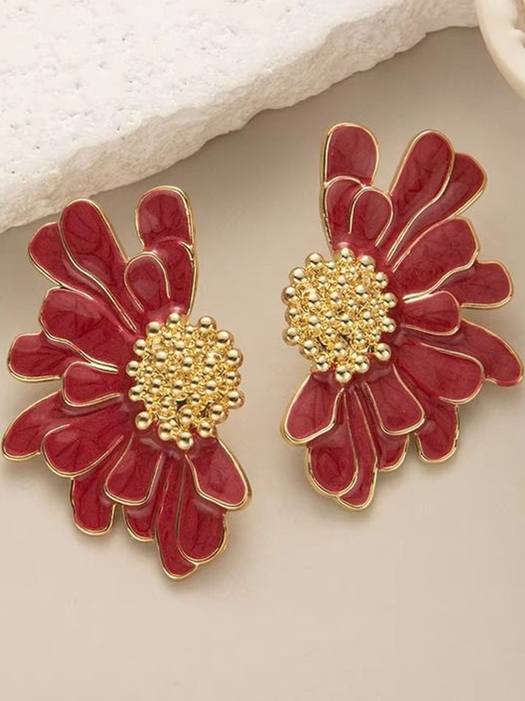 Tiso Gold Plated Big Flower Statement Studs Earrings