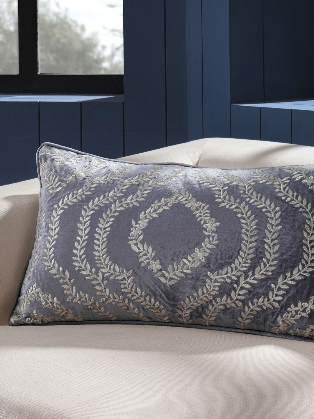 MASPAR Grey Floral Embroidered Pure Cotton Rectangle Cushion Cover For Sofa & Bed Decor