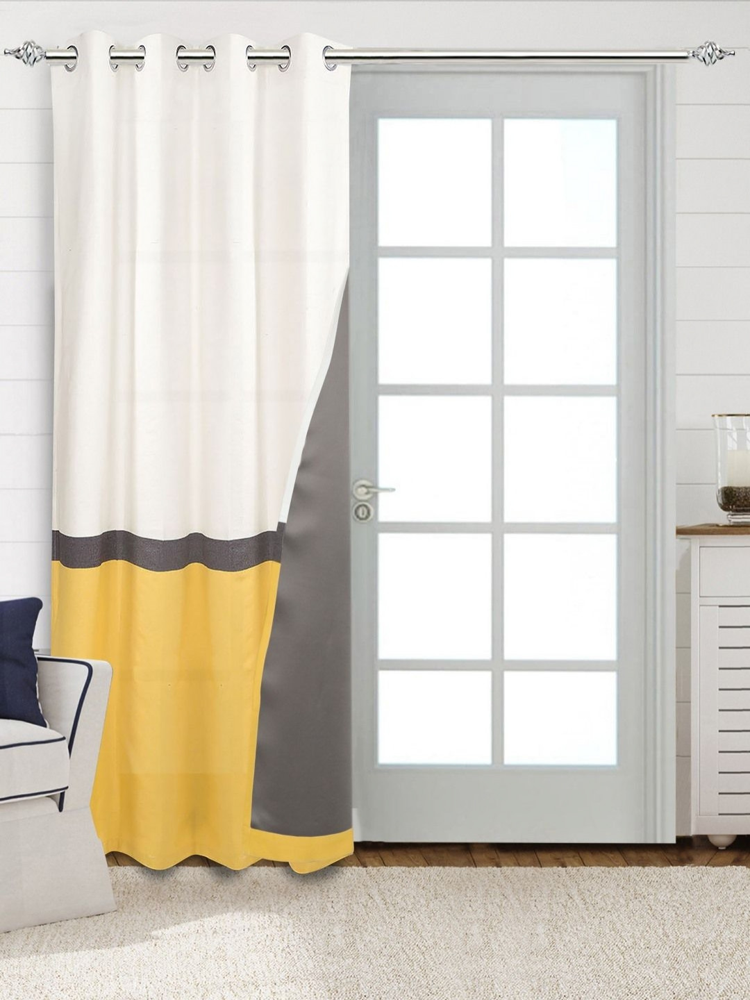 Saral Home Yellow & White Striped Cotton Black Out Washable Non-Fading Door Curtain