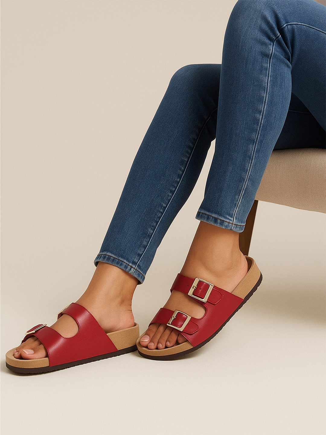 CHAAL CHALAN Cherry Red Buckle Straps Flats