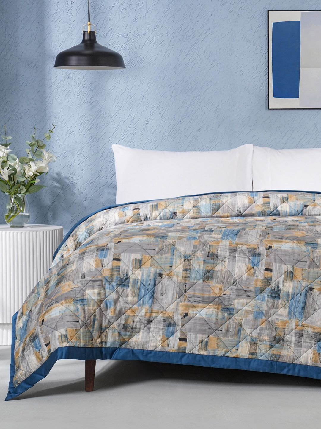 MASPAR Blue & Grey Abstract Printed 100 GSM & 200 TC AC Room Cotton Single Bed Quilt