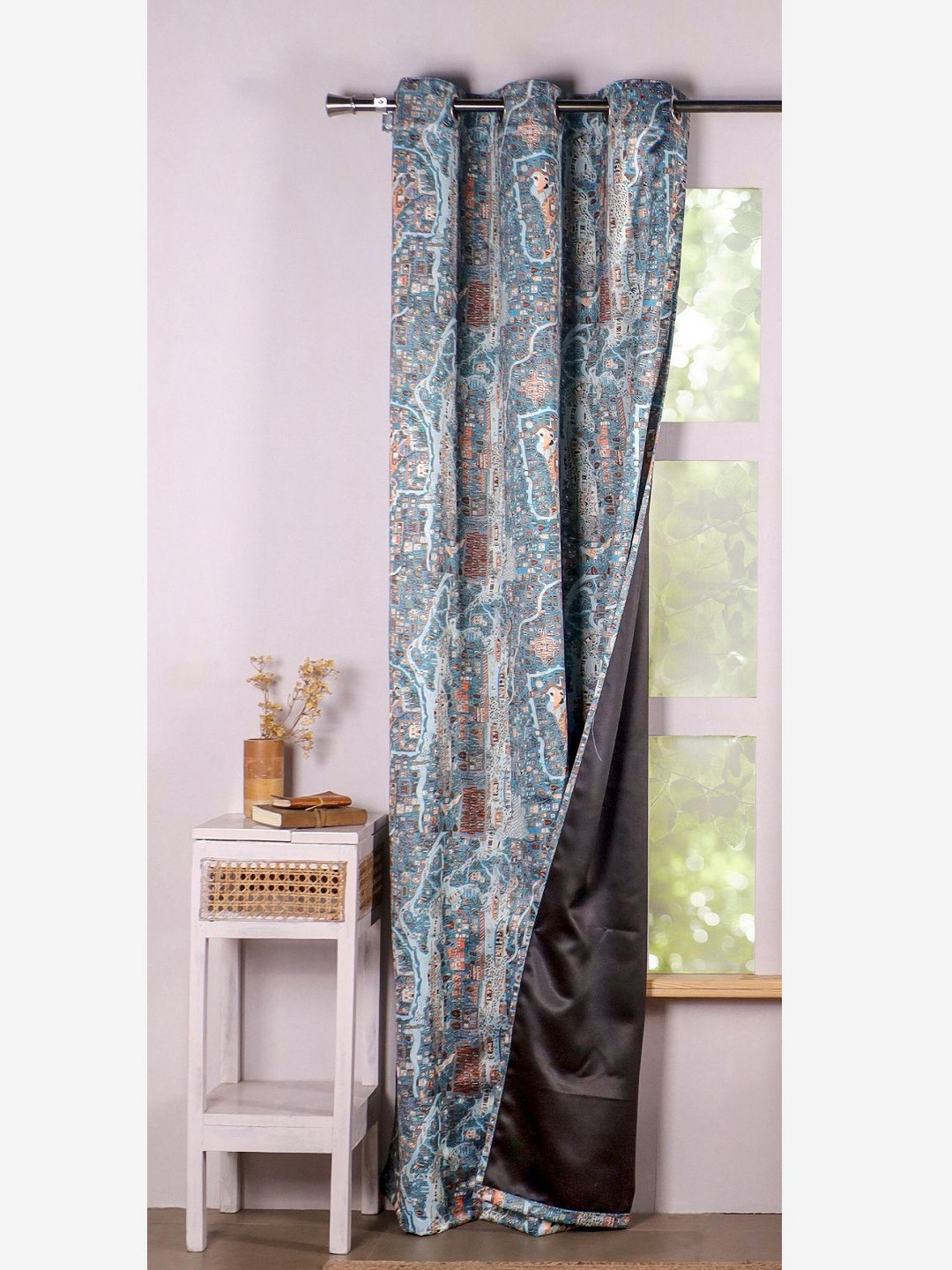 HOMEMONDE Blue & Orange Colored Printed Black Out Long Door Curtains