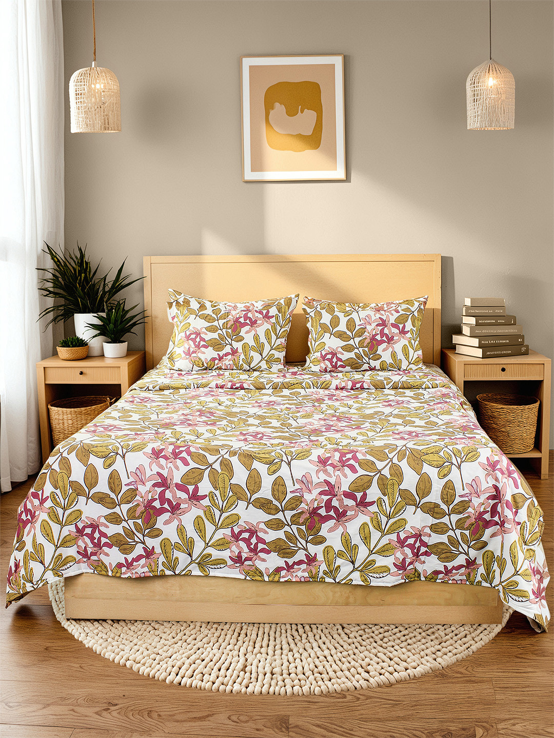House This Pink & Olive Green Floral AC Room 110 GSM Double Bed Dohar