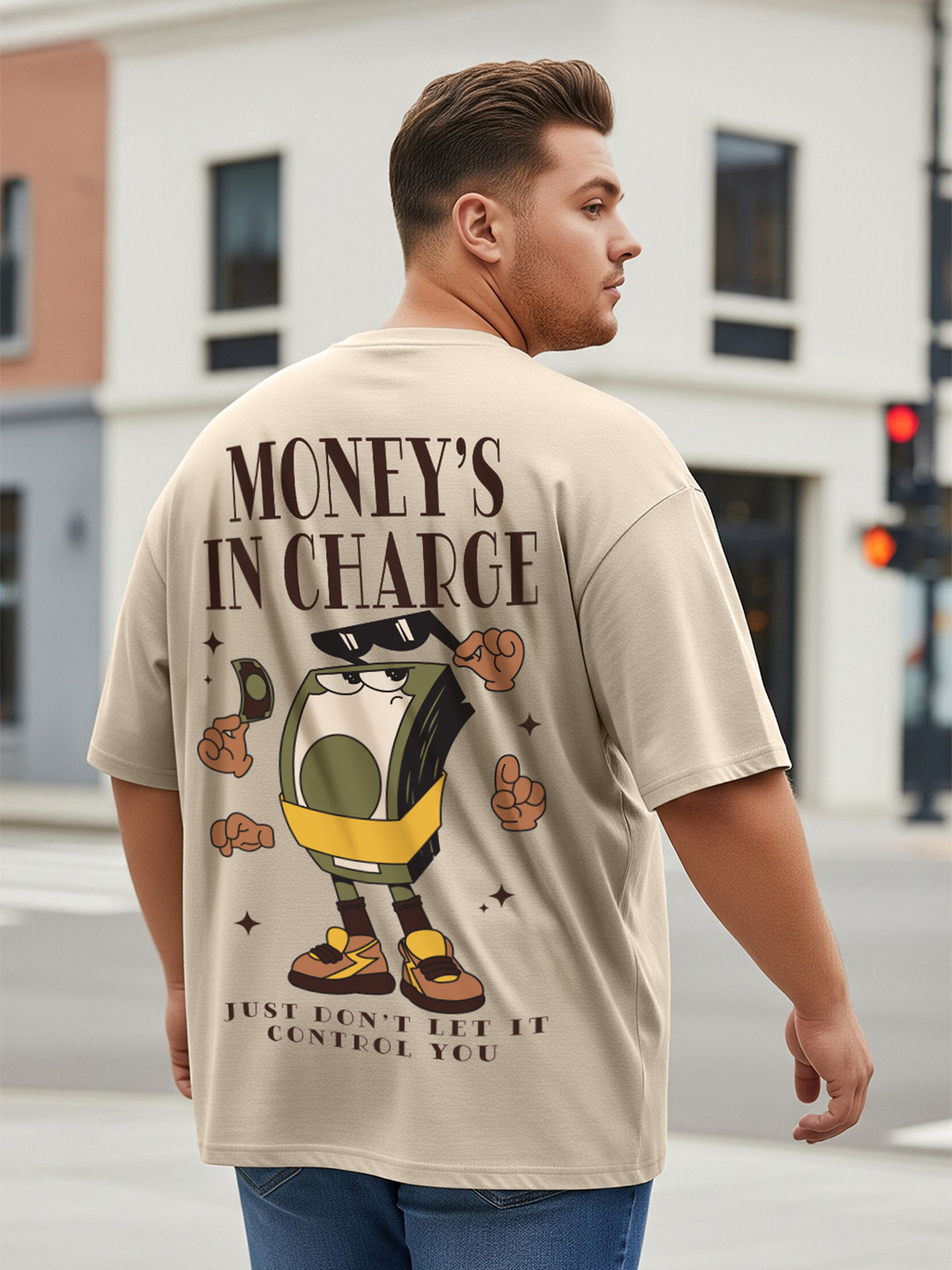 VEIRDO Plus Size Graphic Printed Drop-Shoulder Sleeves Pure Cotton T-shirt