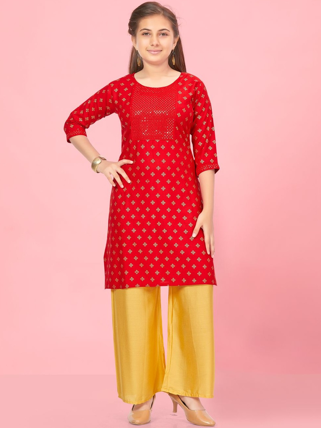 Muhuratam Girls Red-Fawnn Colour Embroidery Rayon Kurti Pallazo Set
