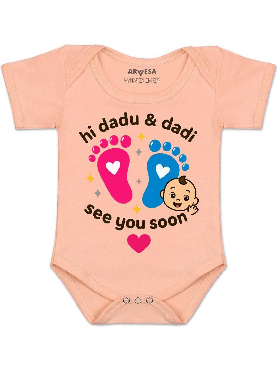 Arvesa Kids Hi Dadu & Dadi See You Soon Printed Envelope Neck Short Sleeves Rompers