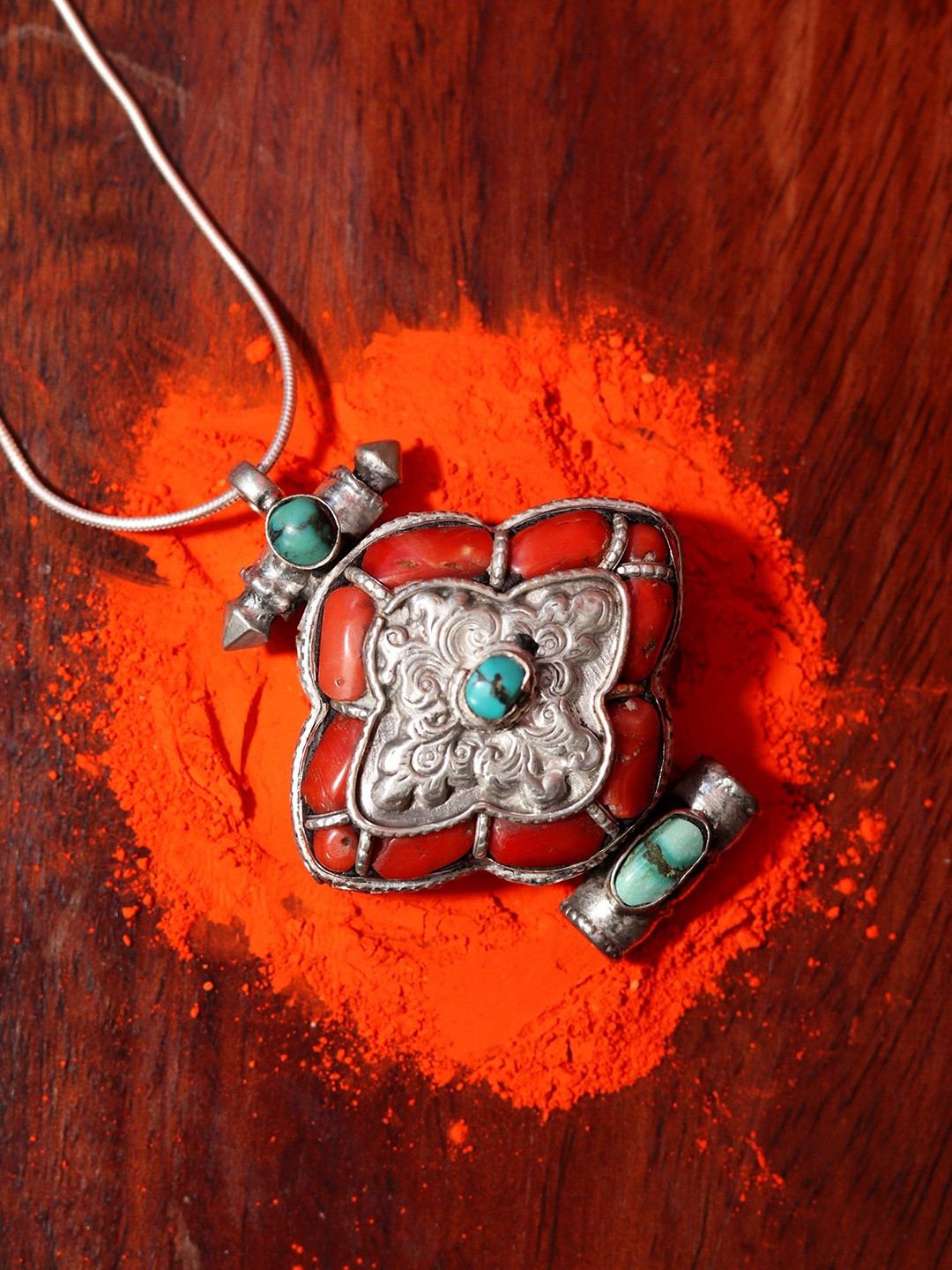 Exotic India Women Sterling Silver Turquoise Studded Pendant