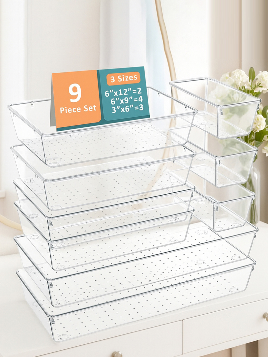 Kuber Industries Transparent 9 Pieces Reusable Cosmetics Makeup Drawer Organisers