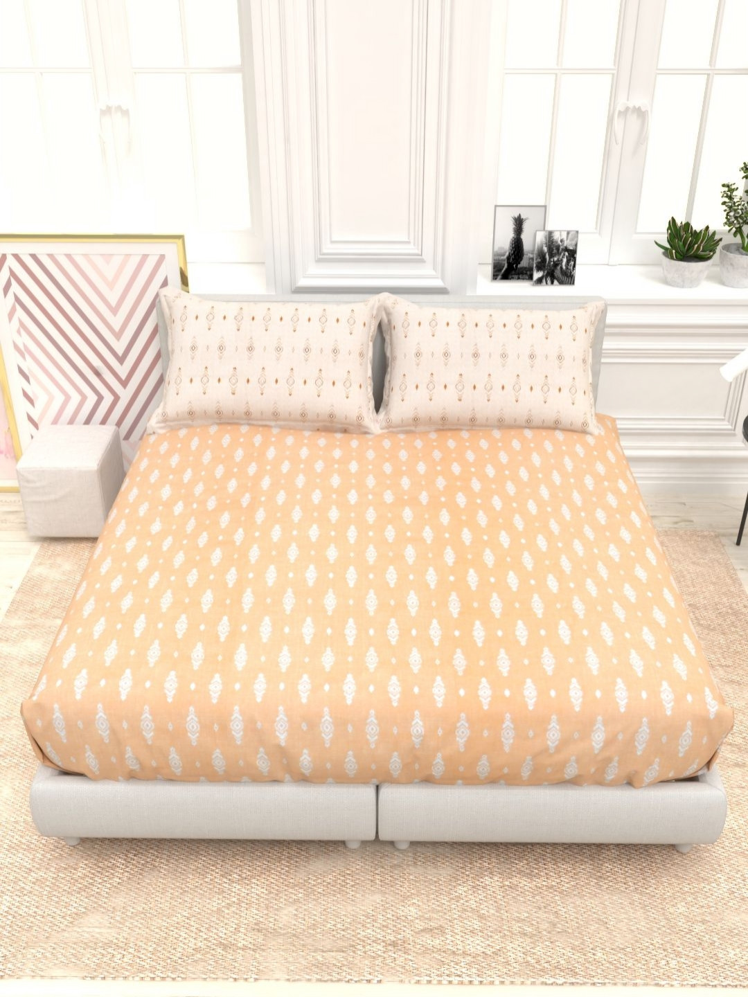 THE WHITE MOSS Orchid Orange Printed Pure Cotton 300 TC King Bedsheet Set 2.7 m x 2.7 m