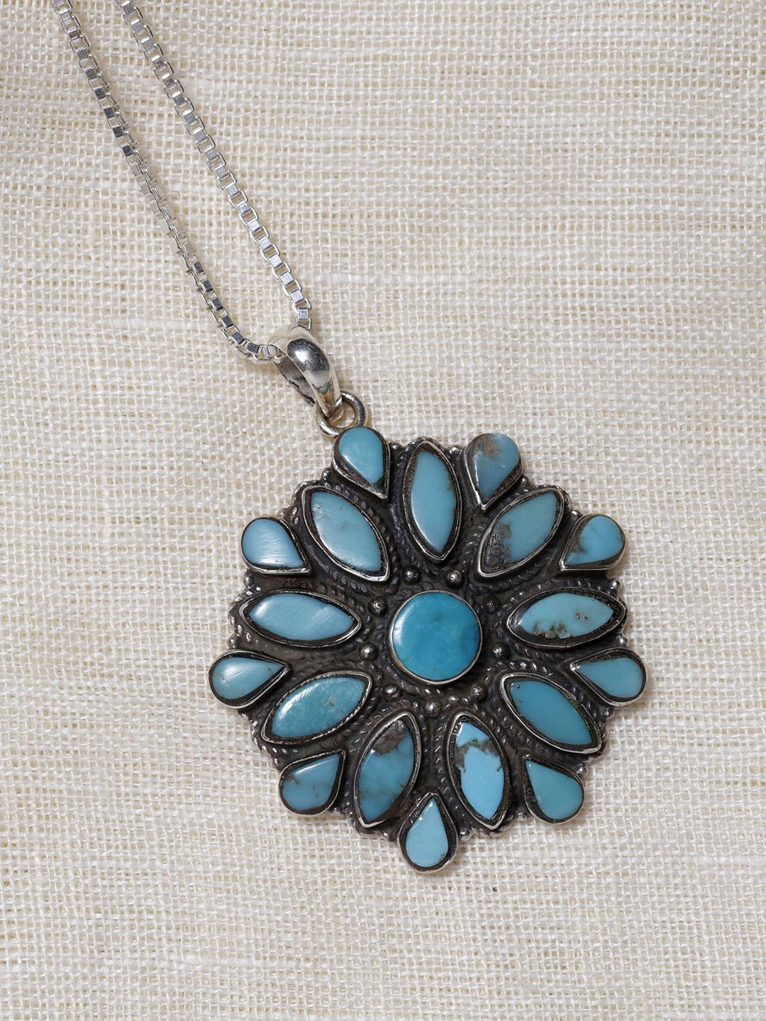 Exotic India Women Sterling Silver Floral Persian Turquoise Pendant