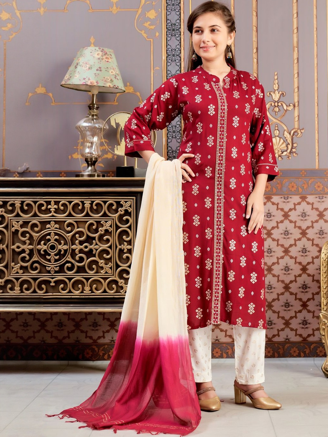 Muhuratam Girls Ethnic Wear Maroon-Off White Colour Foil Print Rayon Kurti Pant Set