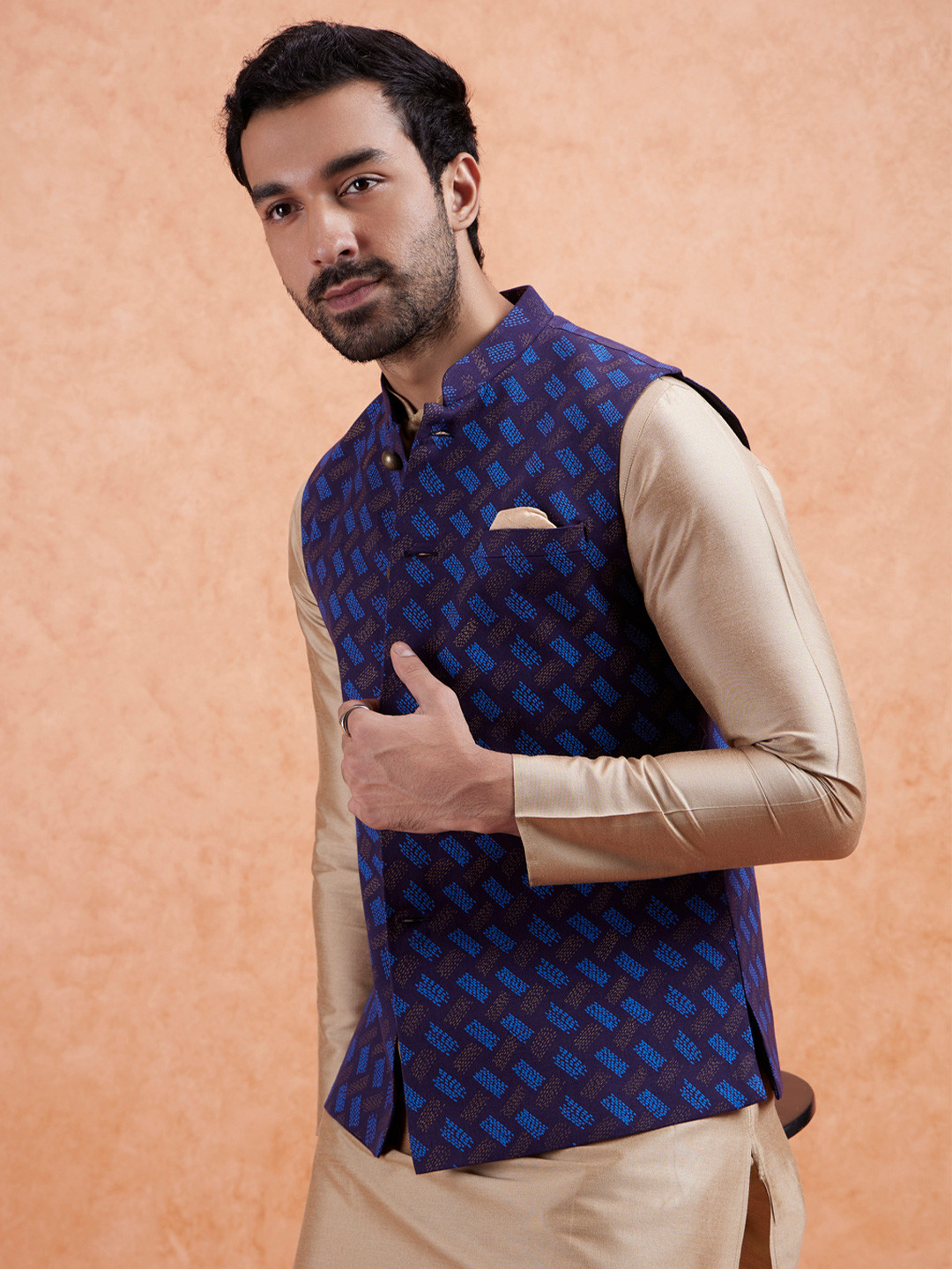 KISAH Men Navy Blue Printed Nehru Jacket