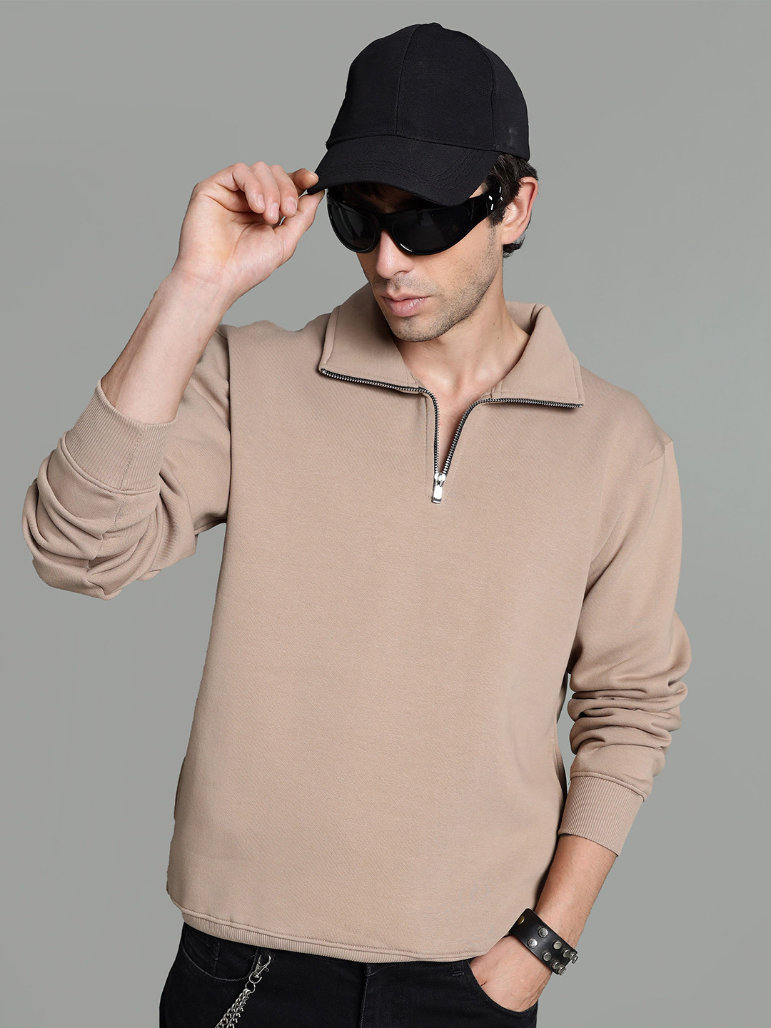 Roadking Men Shirt Collar Full Sleeves Hafl Zipper Pullover Sweatshirts