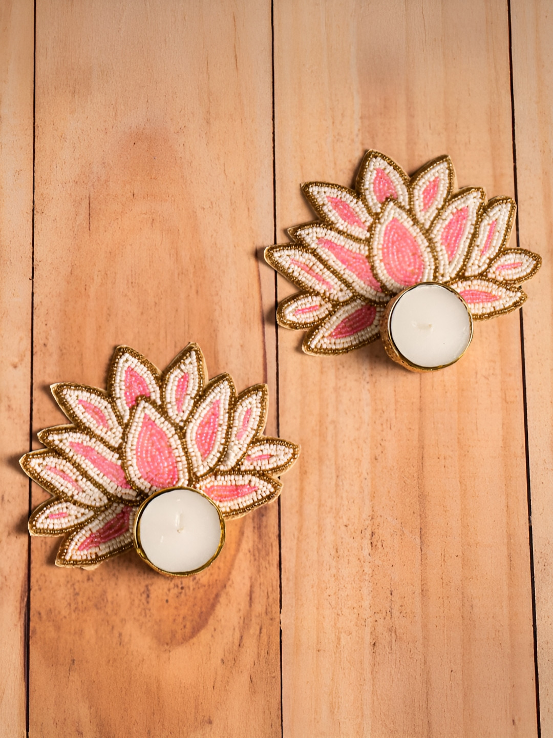 The Zappy Box Pink & Gold-Toned 2 Pieces Metal Lotus Candle Holder