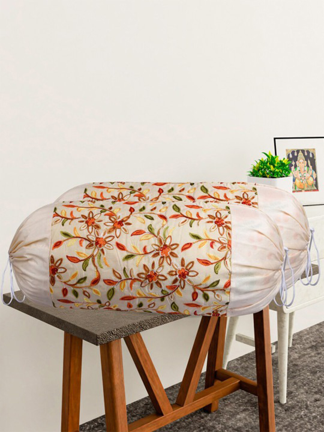 Kuber Industries Cream 2 Pieces Embroidery Design Cotton Bolster Covers