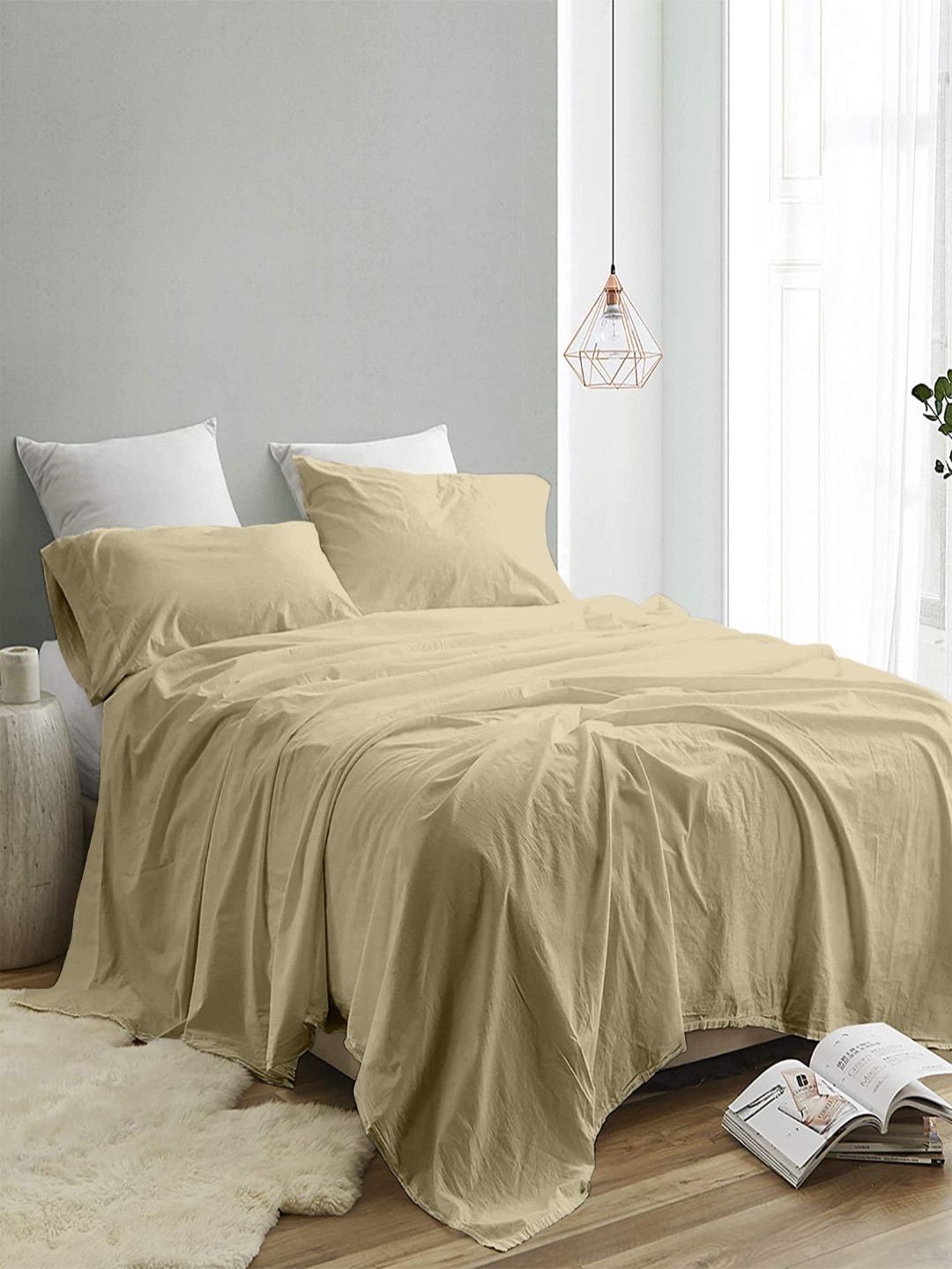 INDRA'S Khaki 300 TC Egyptian Cotton King Bedsheet Set-2.74 m x 2.74 m