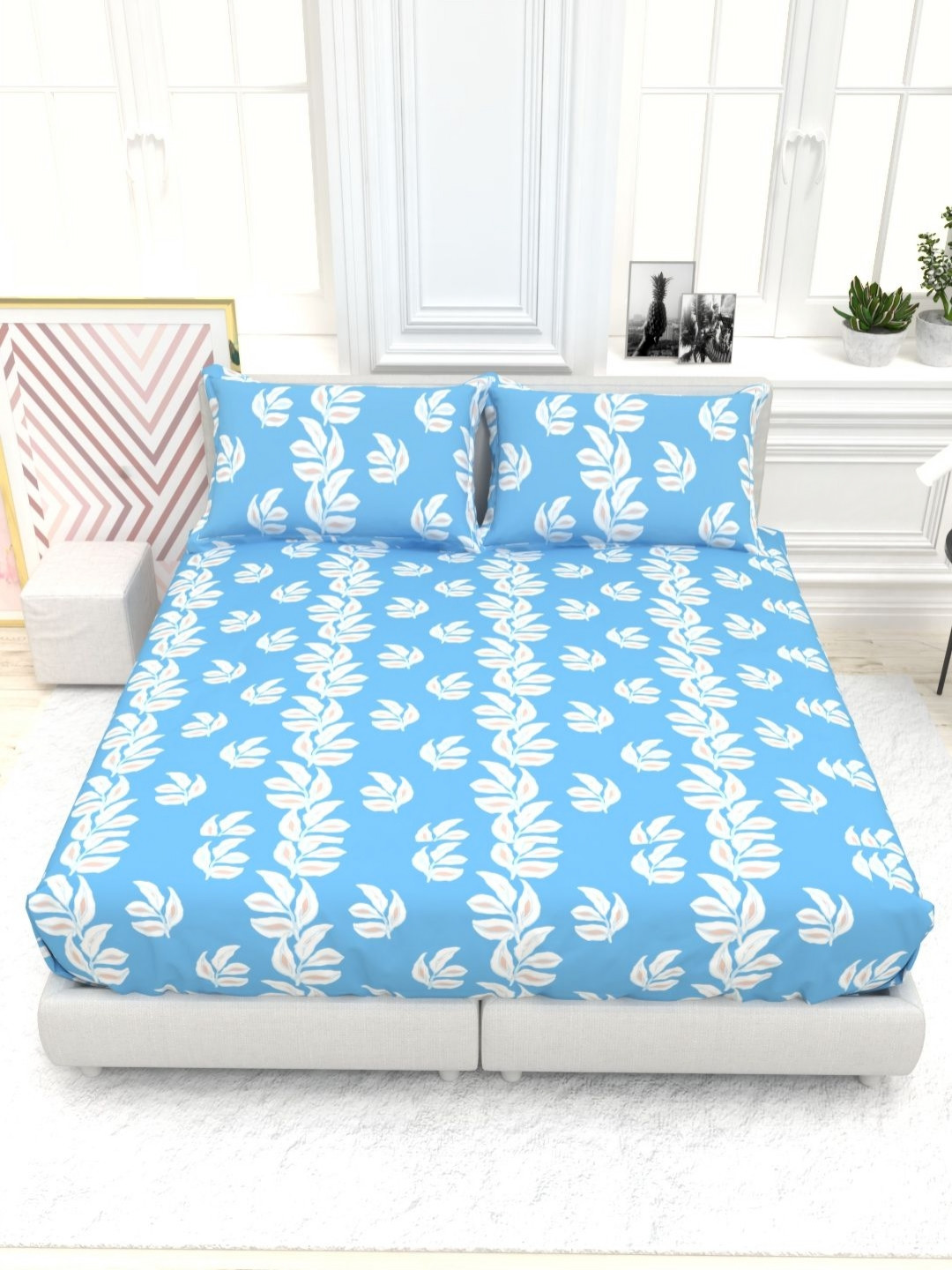 THE WHITE MOSS Orchid Blue Printed Pure Cotton 300TC King Bedsheet Set 2.7 m x 2.7 m