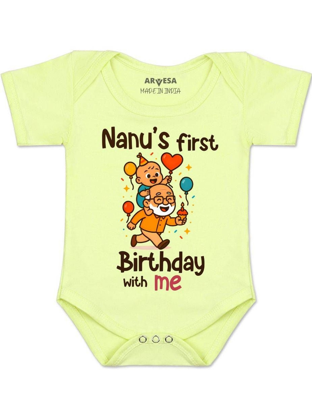 Arvesa Nanu First Birthday With Me Printed Envelope Neck Short Sleeve Cotton Rompers