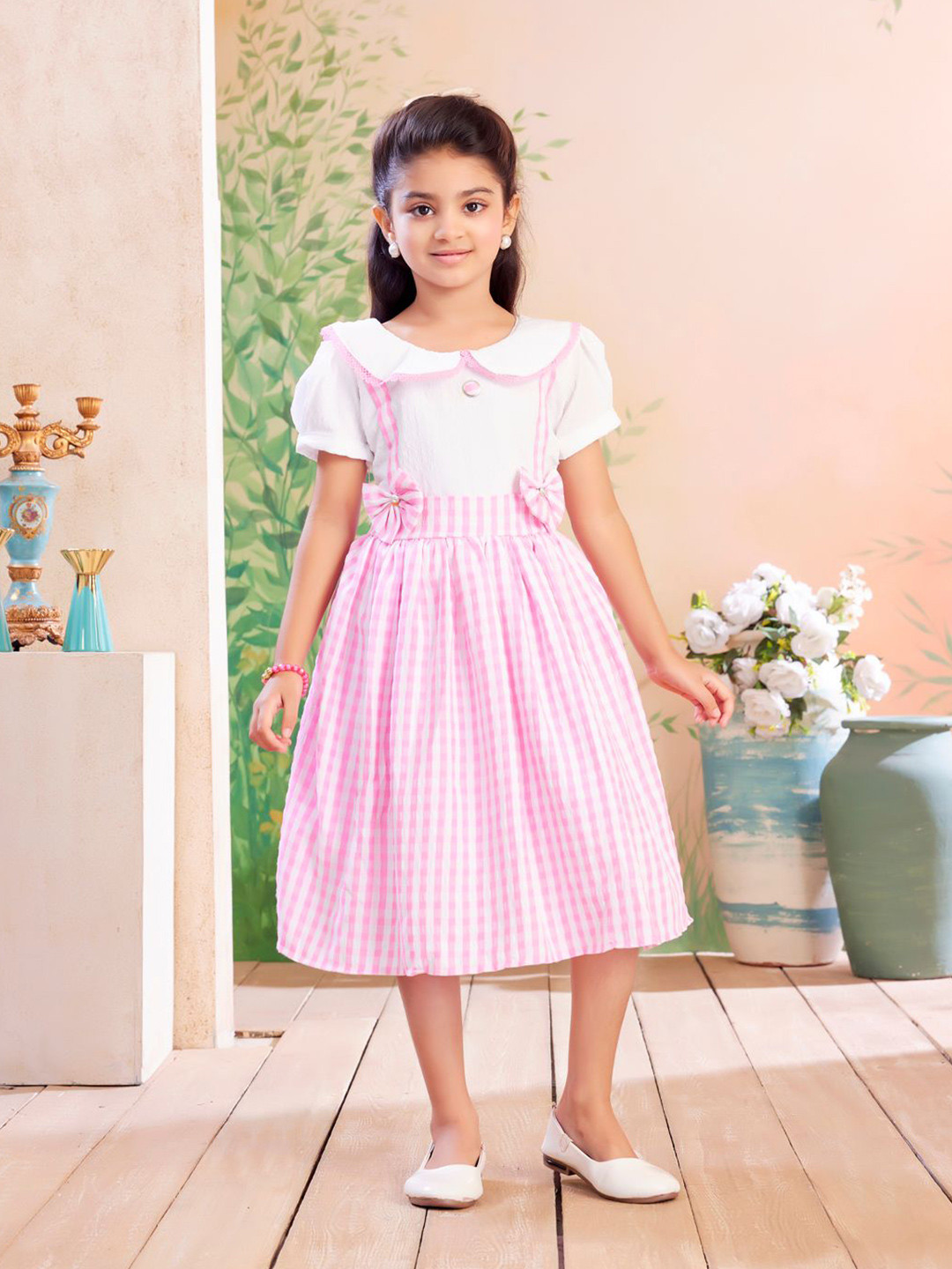 BAESD Girl's Checked Peter Pan Collar Bow Detailing Dress