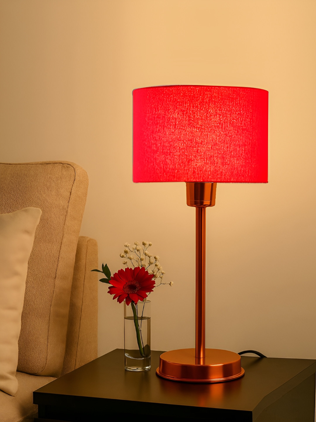 Devansh Red & Copper Toned Steel Cylinder Shaped Table Lamp With Shade