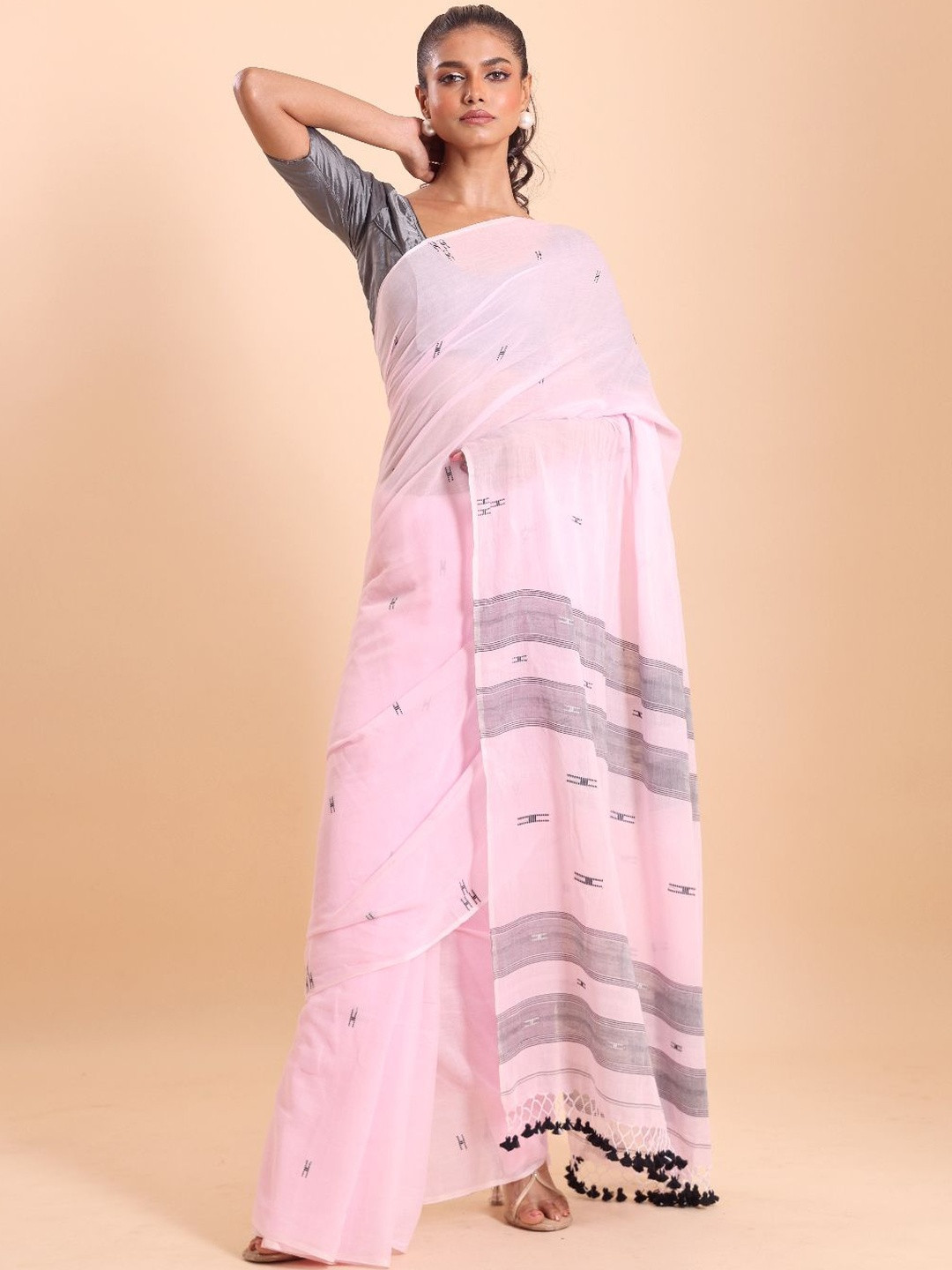 BLOUSON Abstract Woven Design Malmal  Jamdani Saree With Unstitched Blouse Piece