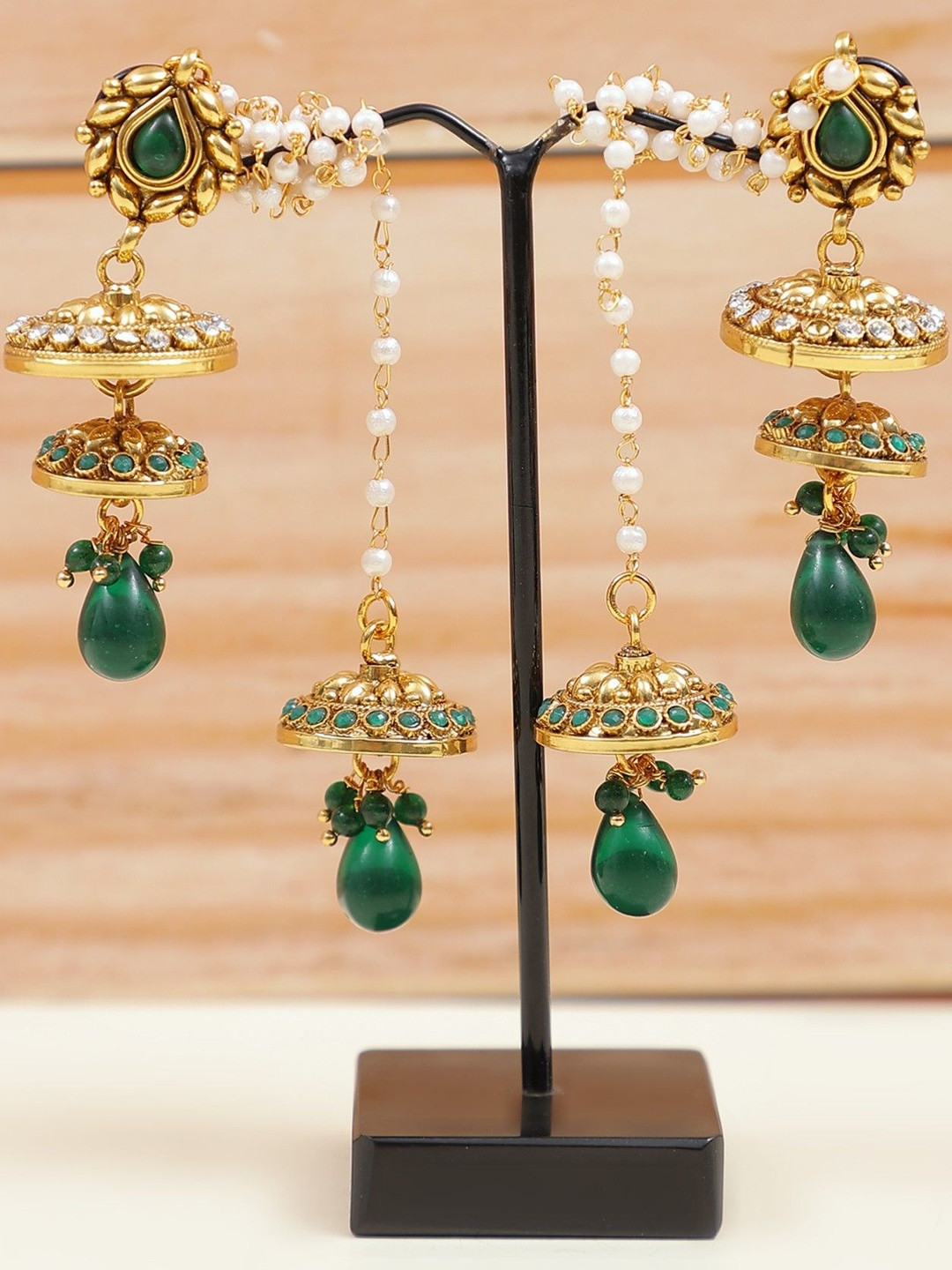 Exotic India Gold-Plated Dome Shaped Stones Studded Jhumkas Earrings