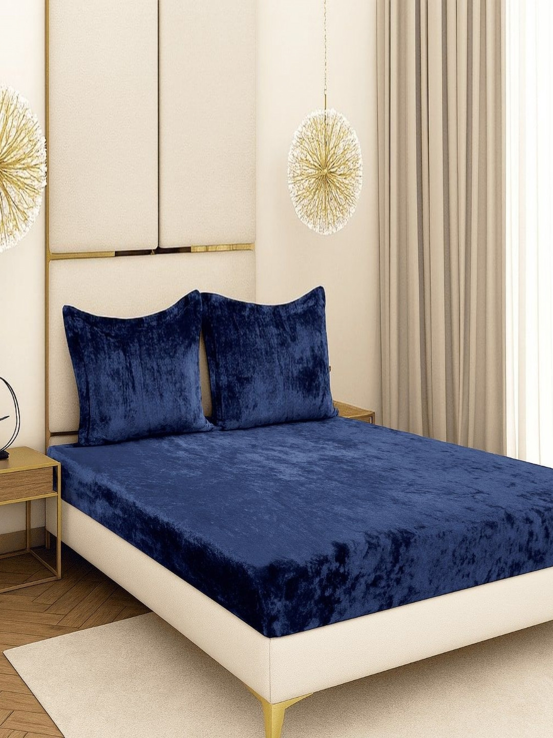 BLUEDOT Blue Velvet Flannel Warm Fitted King Bedsheet Set