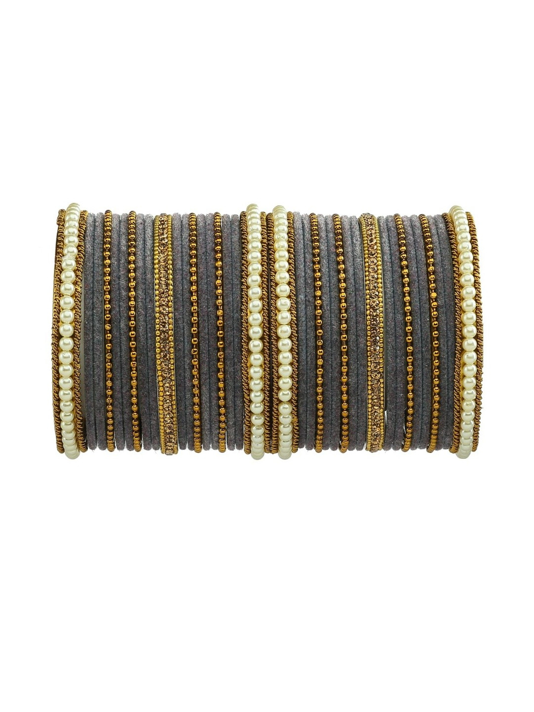 GLIKA Women Set Of 38 Ball Chain & Pearls Studded Velvet Metal Bangle Set