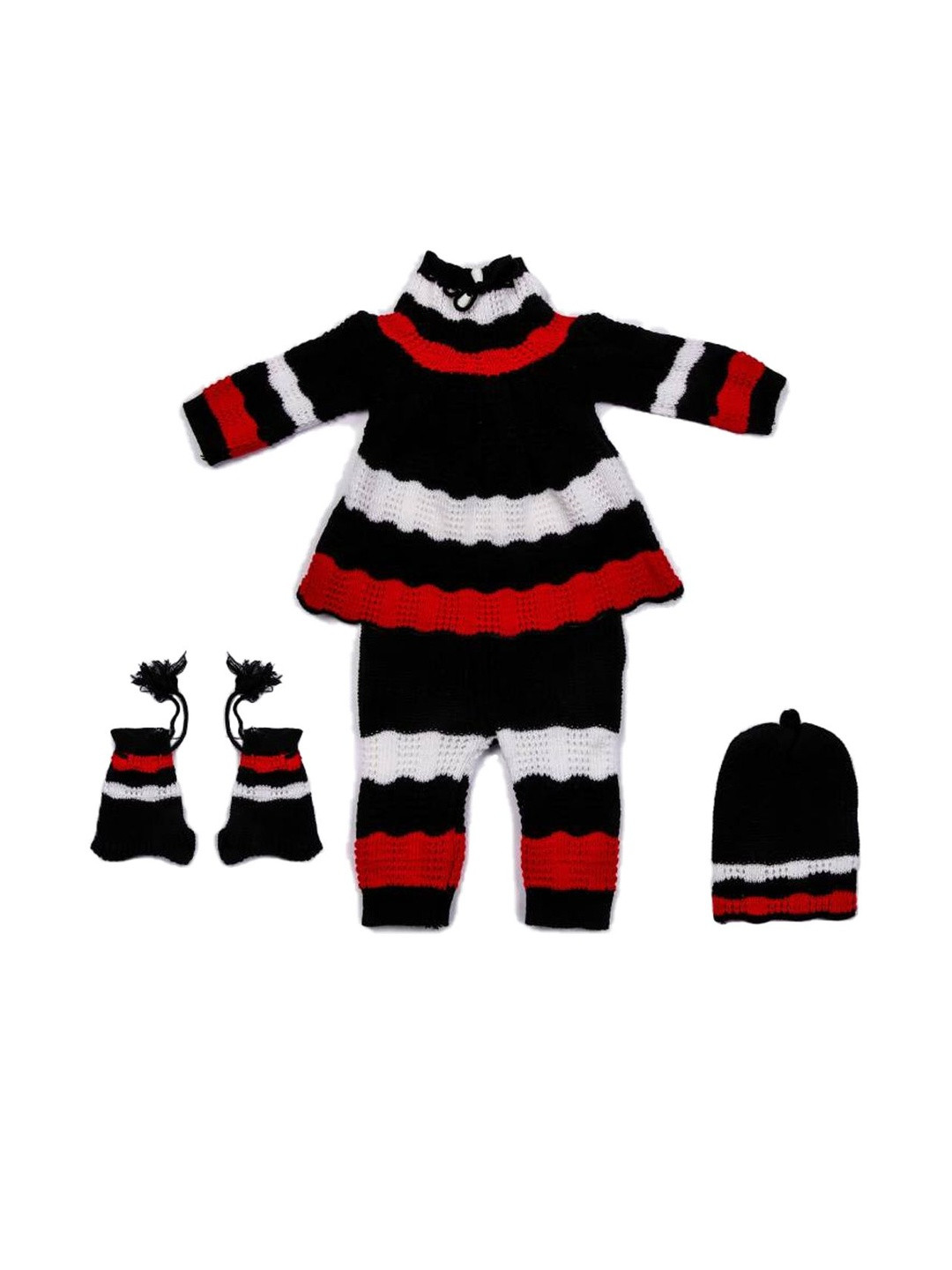 TRENDY WORLD Kids Girls 4 Pcs Striped Woolen Sweater With Cap & Gloves