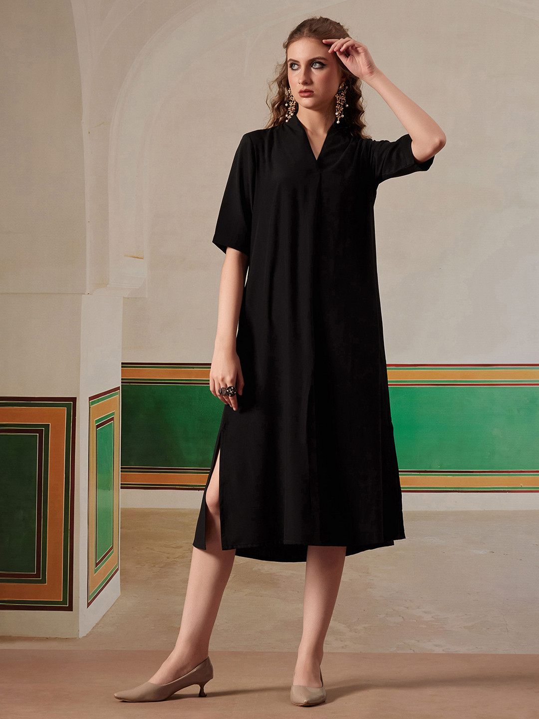 FITHUB V-Neck Short Sleeves Slits A-Line Midi Dress