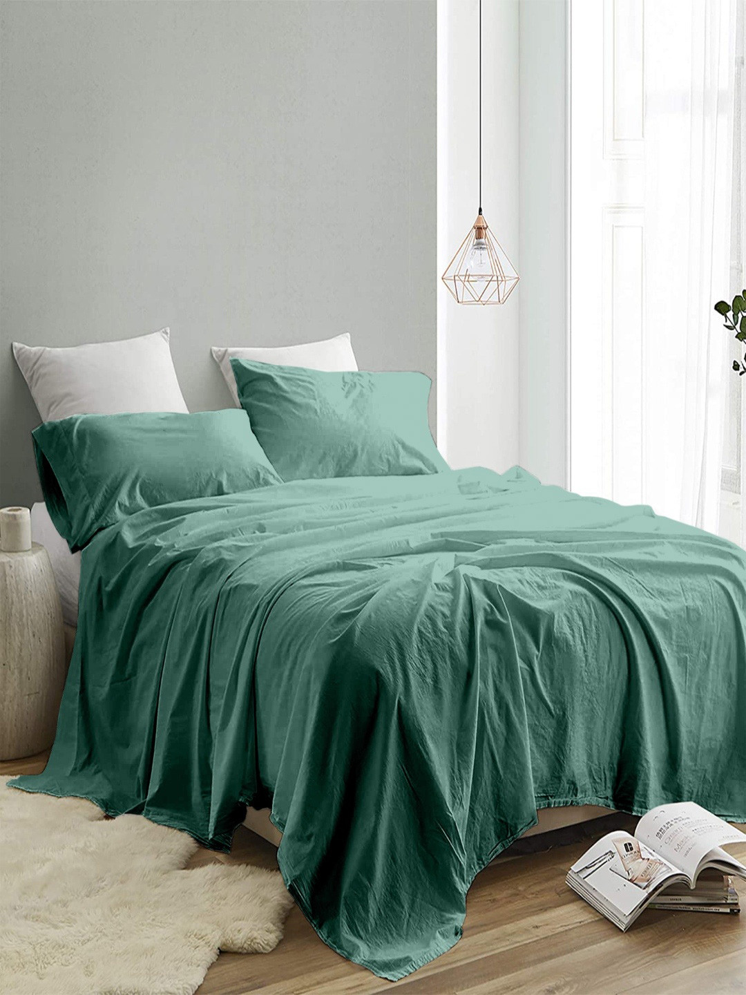 INDRA'S Teal 300 TC Egyptian Cotton King Bedsheet Set-2.74 m x 2.74 m