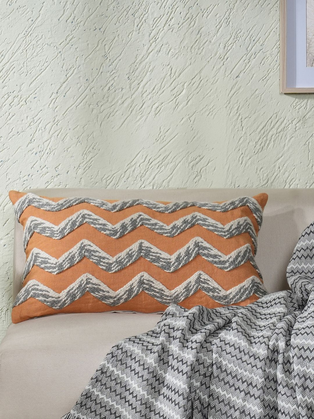 MASPAR Rust & Grey Chevron Printed Pure Linen Rectangle Cushion Cover For Sofa & Bed Decor