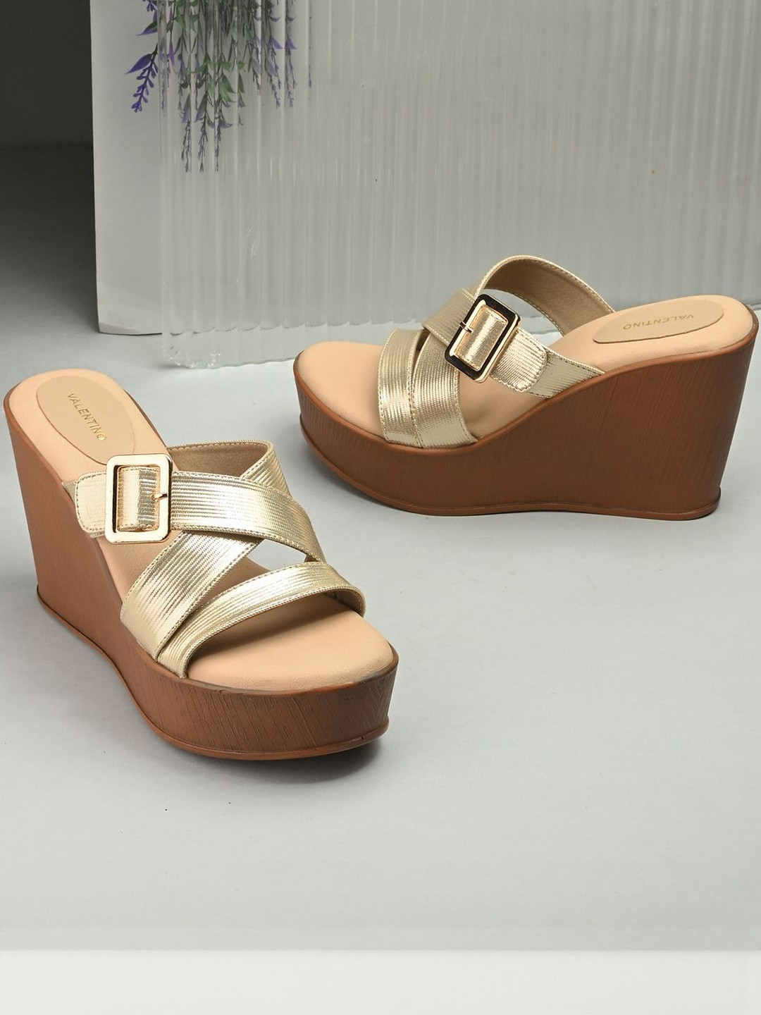 Valentino  Women Gold Synthetic Leather High-Top Wedge Heels