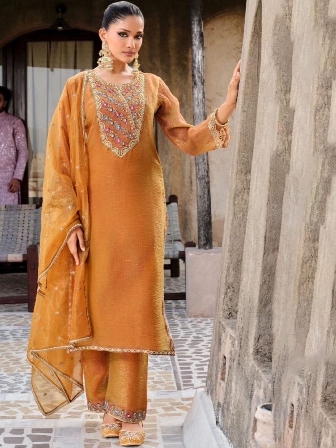 AUTUMN LANE Gambhir Kesari Floral Yoke Design Thread Work Kurta With Palazzo & Dupatta