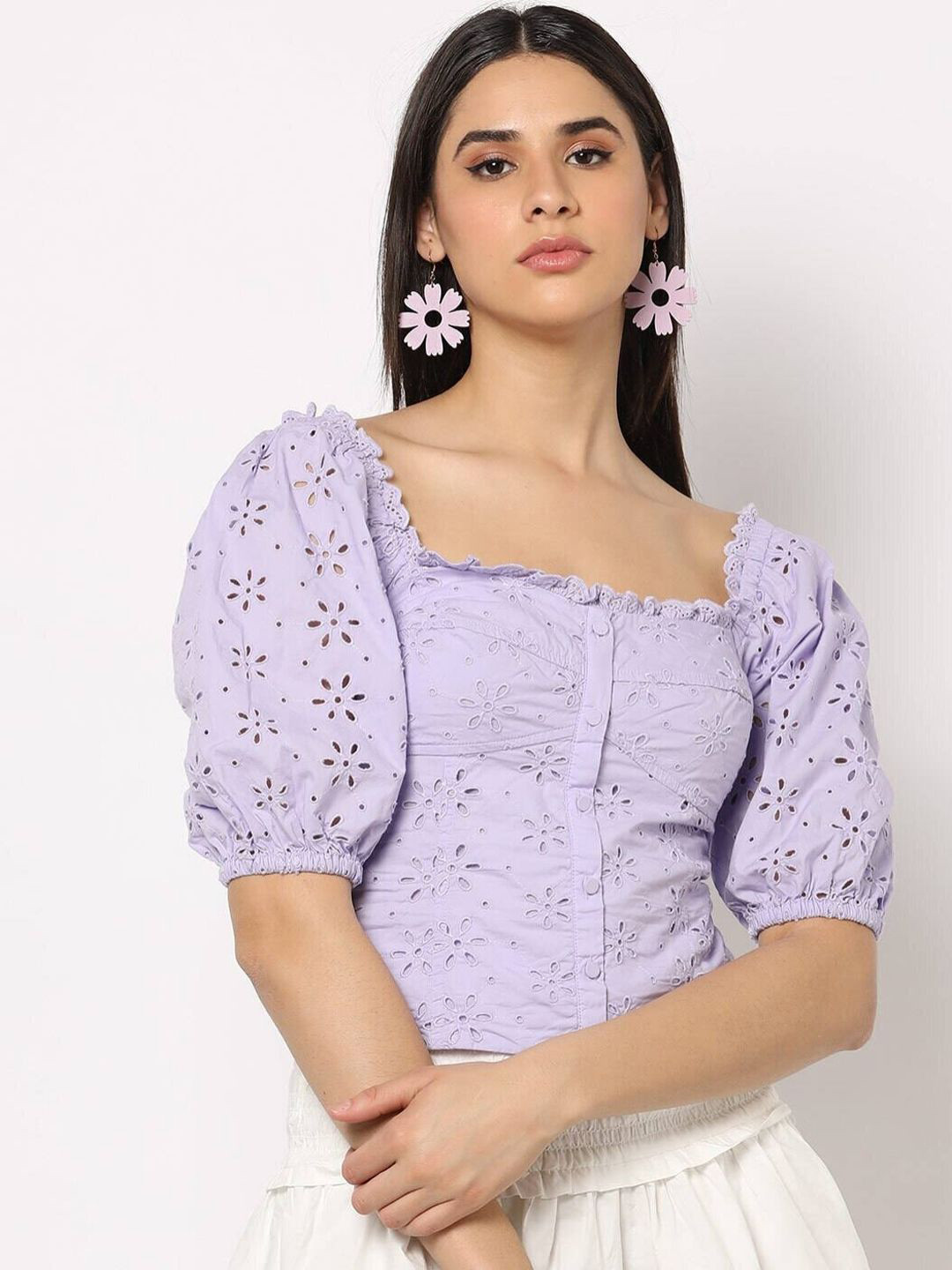 GAP Self Designed Pure Cotton Self Design Schiffli Square Neck Peasant Top