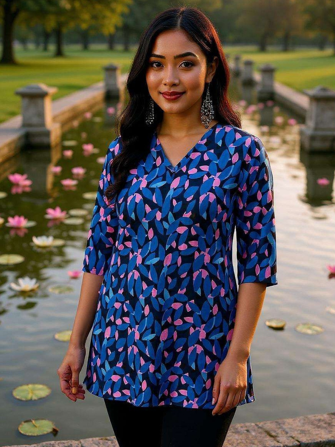 THE FAB FACTORY Print V-Neck Regular Top