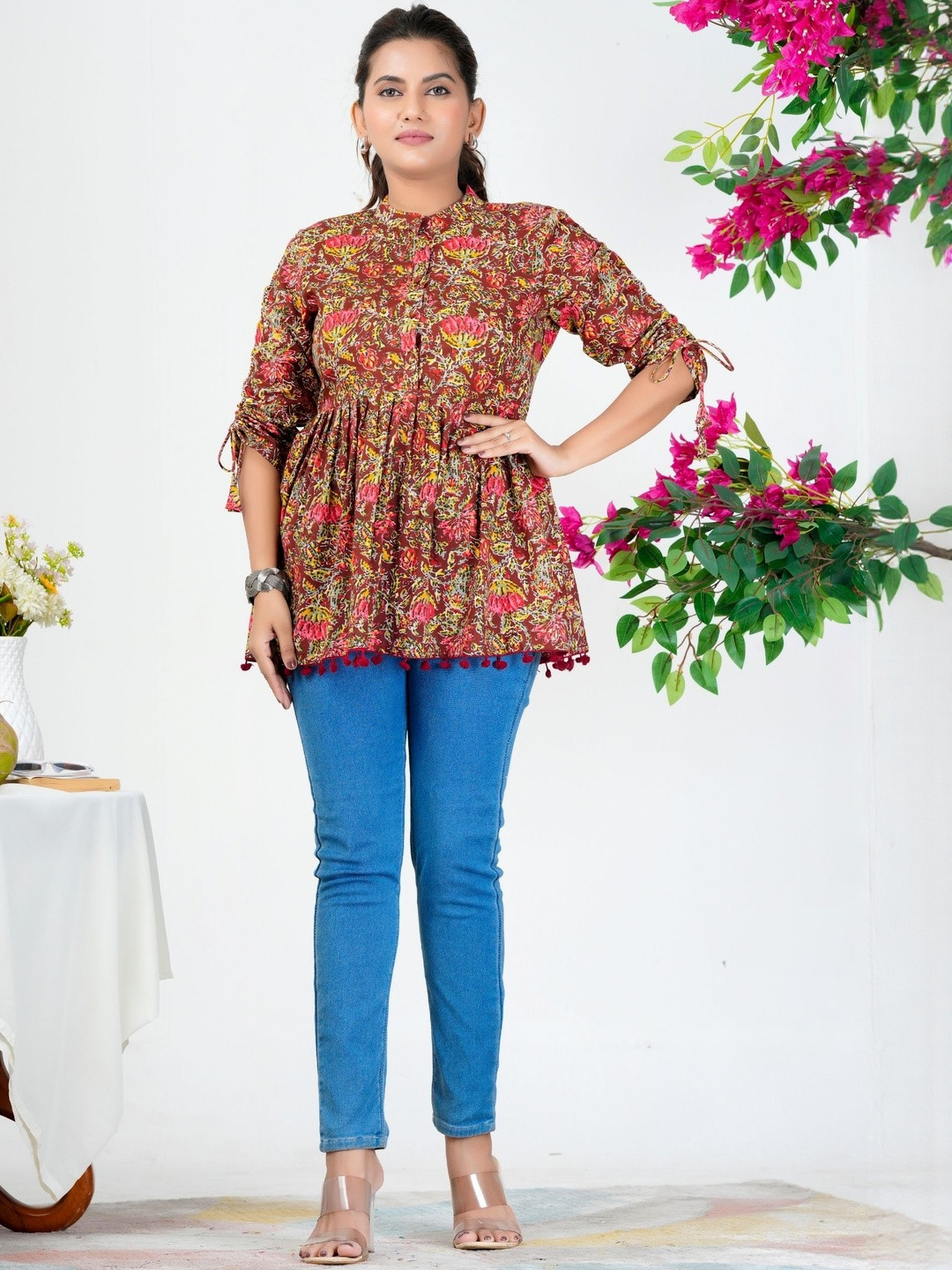 FrionKandy Women Floral Printed Cotton Peplum Top