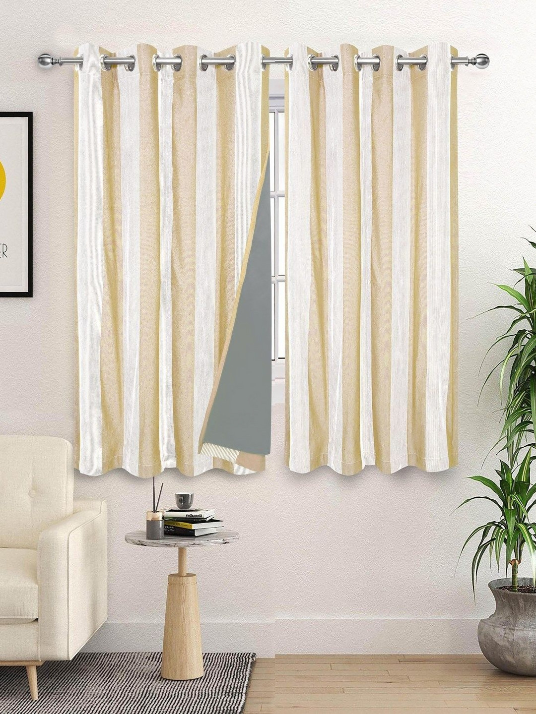 Saral Home White And Beige 2 Pieces Striped Black Out Cotton Window Curtains