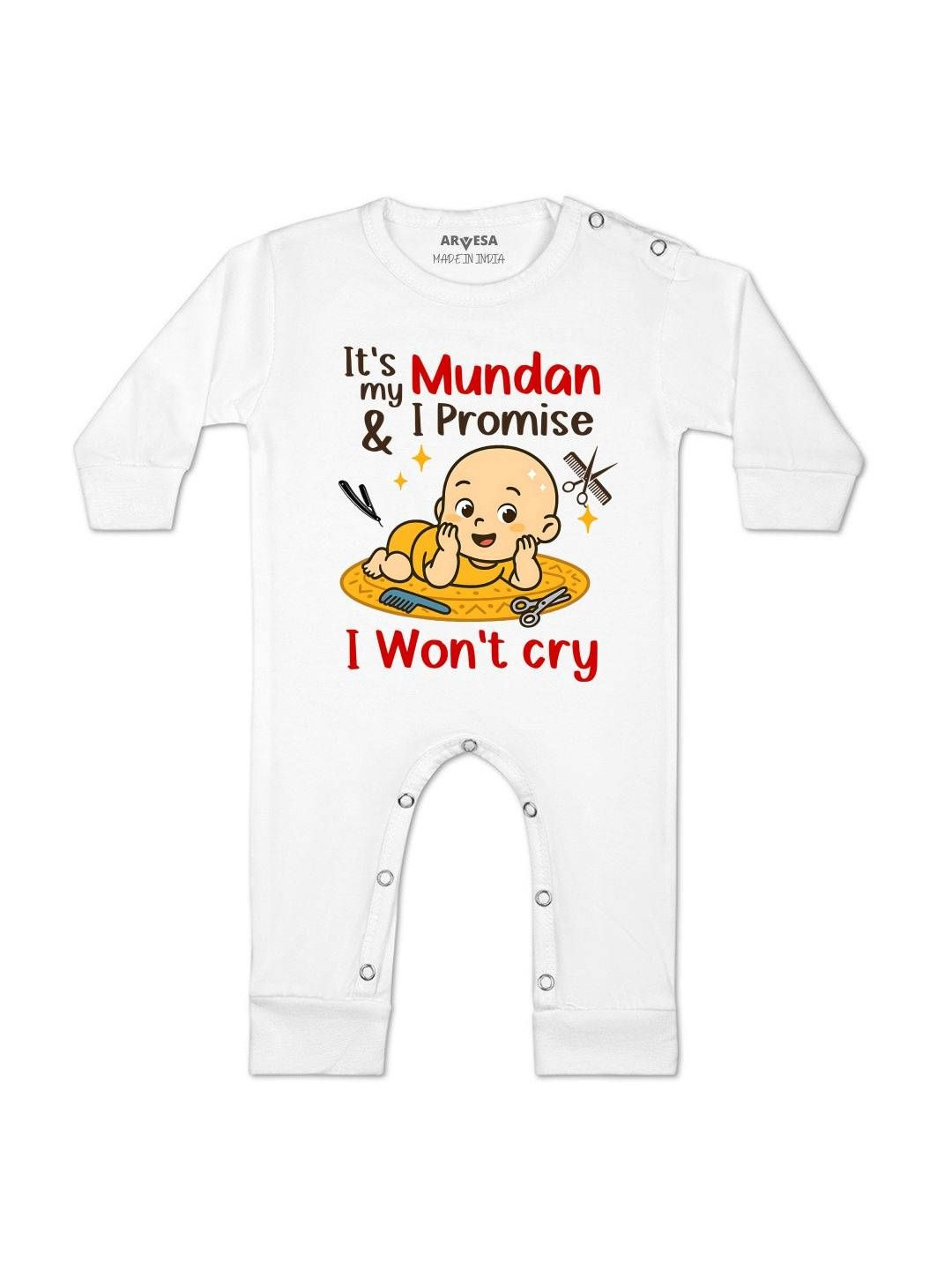 Arvesa Kids Mundan Printed Round Neck Long Sleeve Rompers