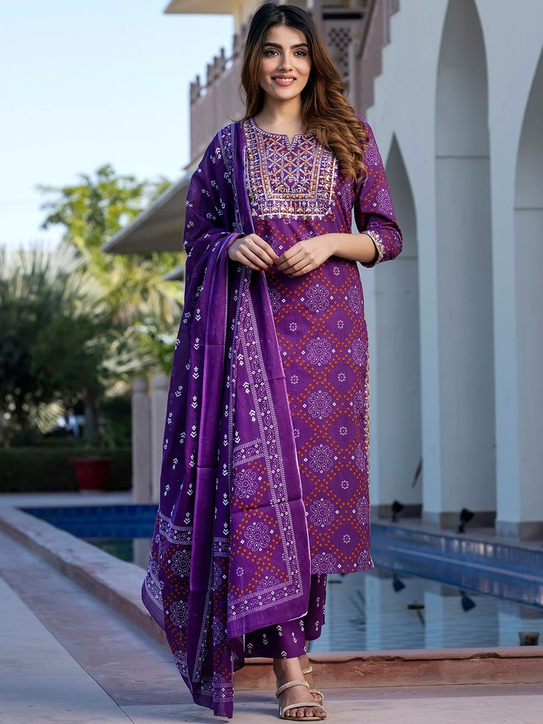 Kalini Pure Cotton Magenta Bandhej Print Straight Kurta Bottom And Dupatta Set