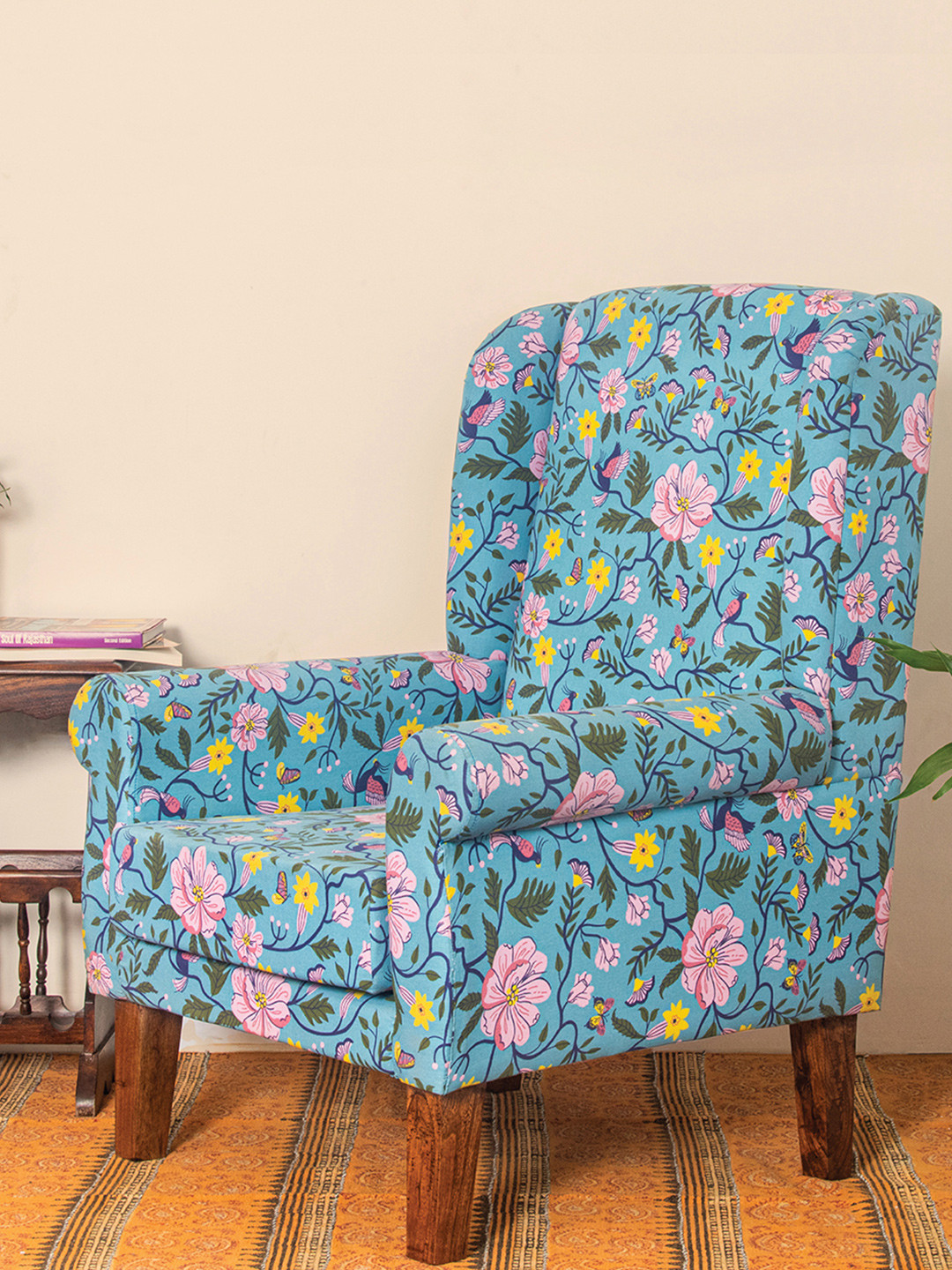 Chumbak Teal Green & Pink Printed Wing Chair