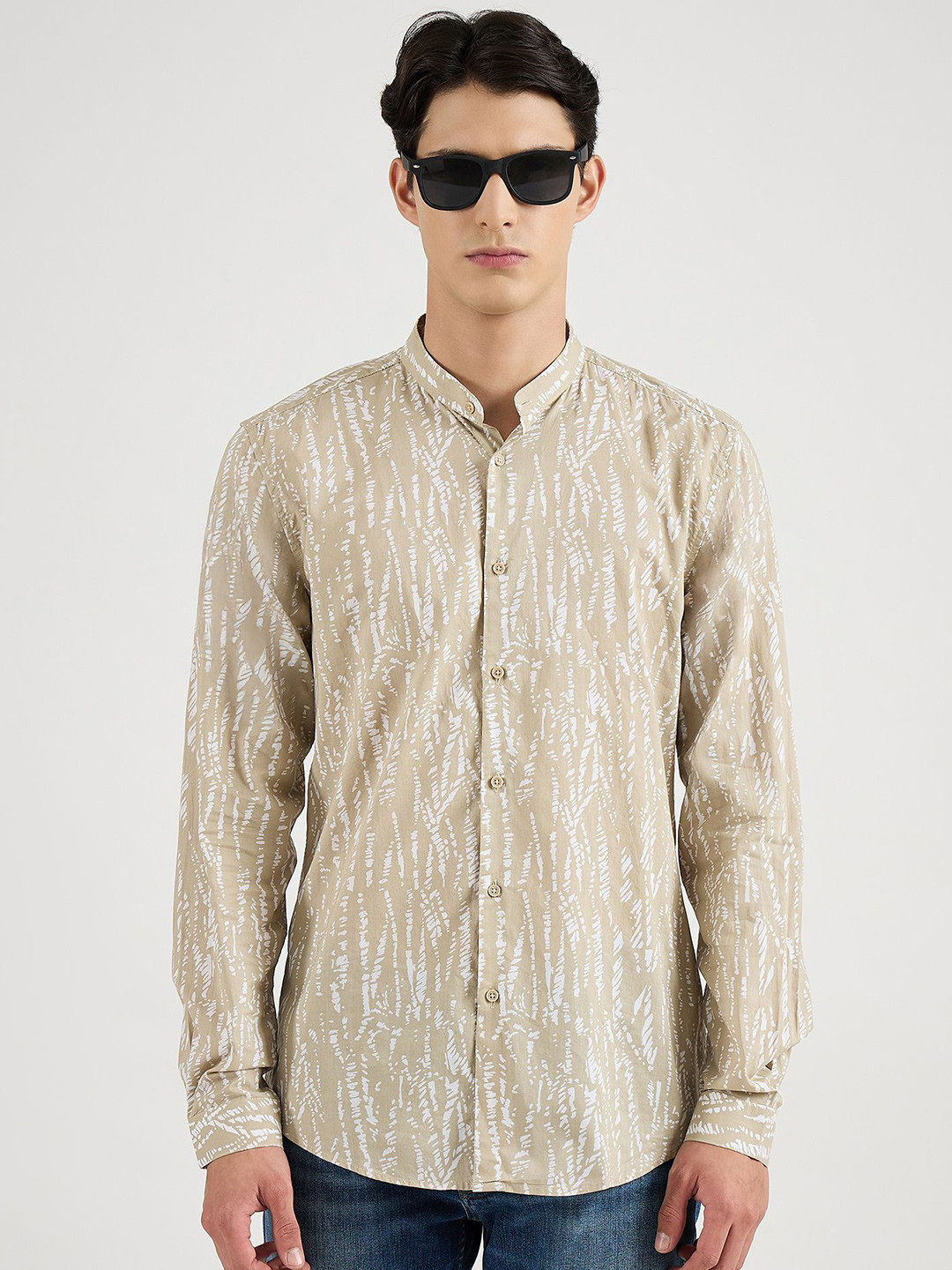 Antony Morato Men Classic Slim Fit Abstract Printed Mandarin Collar Cotton Casual Shirt